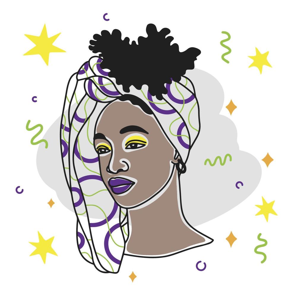 Stylish avatar, African girl portrait, banner decoration, colored people, doodle vector