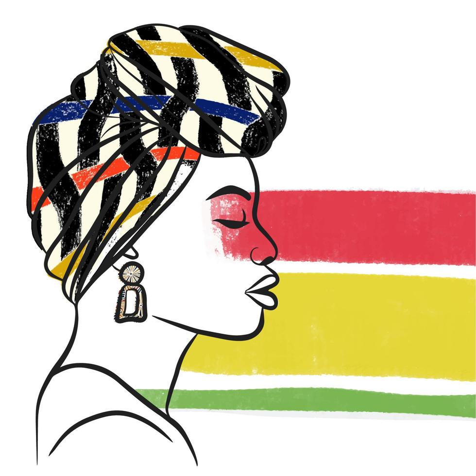 African girl with a scarf on her head, strokes of paint in red, green and yellow colors vector