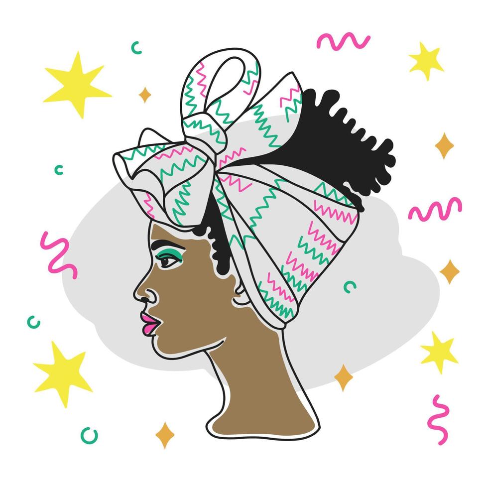 Fashion portrait of african girl, banner decoration, colored people, doodle vector
