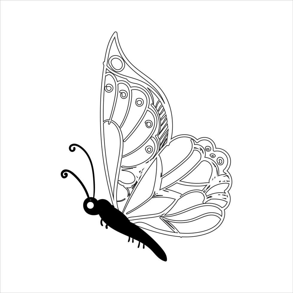 vector de ilustración de boceto aislado en blanco negro gráfico de conjunto de mariposas. patrón moderno sin costuras de contornos de mariposa monarca sobre fondo blanco para el diseño de decoración. elemento de diseño de primer plano.