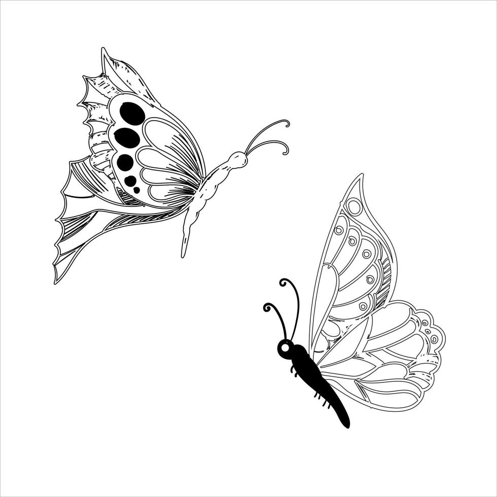 mariposa conjunto gráfico negro blanco aislado dibujo ilustración vector. patrón moderno sin costuras de contornos de mariposa monarca sobre fondo blanco para el diseño de decoración. elemento de diseño de primer plano. vector