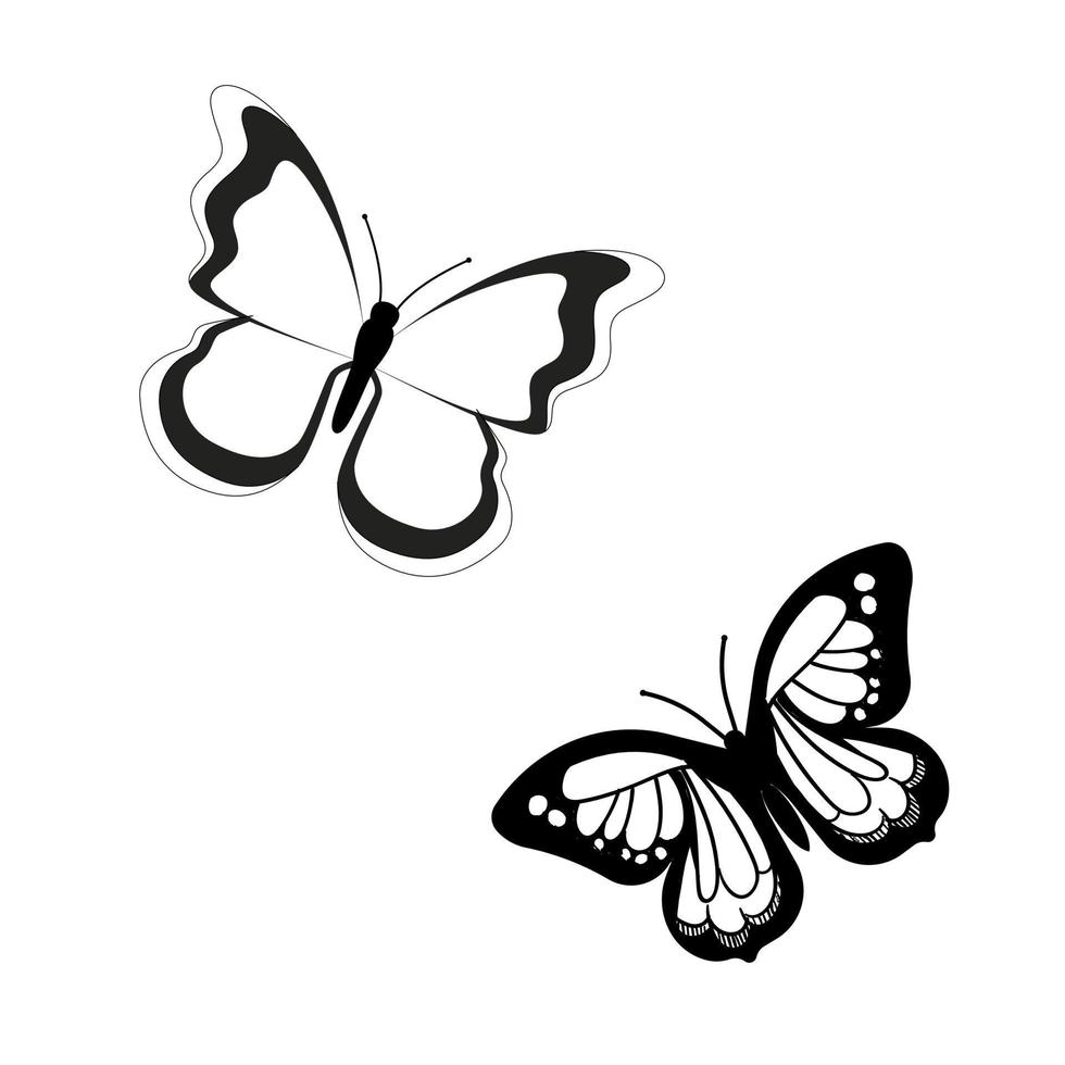 mariposa conjunto gráfico negro blanco aislado dibujo ilustración vector. patrón moderno sin costuras de contornos de mariposa monarca sobre fondo blanco para el diseño de decoración. elemento de diseño de primer plano. vector