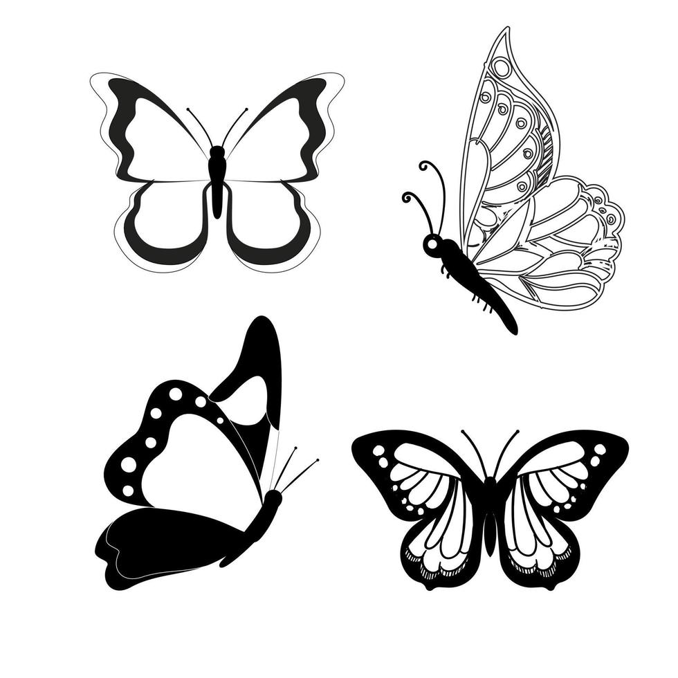 mariposa conjunto gráfico negro blanco aislado dibujo ilustración vector. patrón moderno sin costuras de contornos de mariposa monarca sobre fondo blanco para el diseño de decoración. elemento de diseño de primer plano. vector