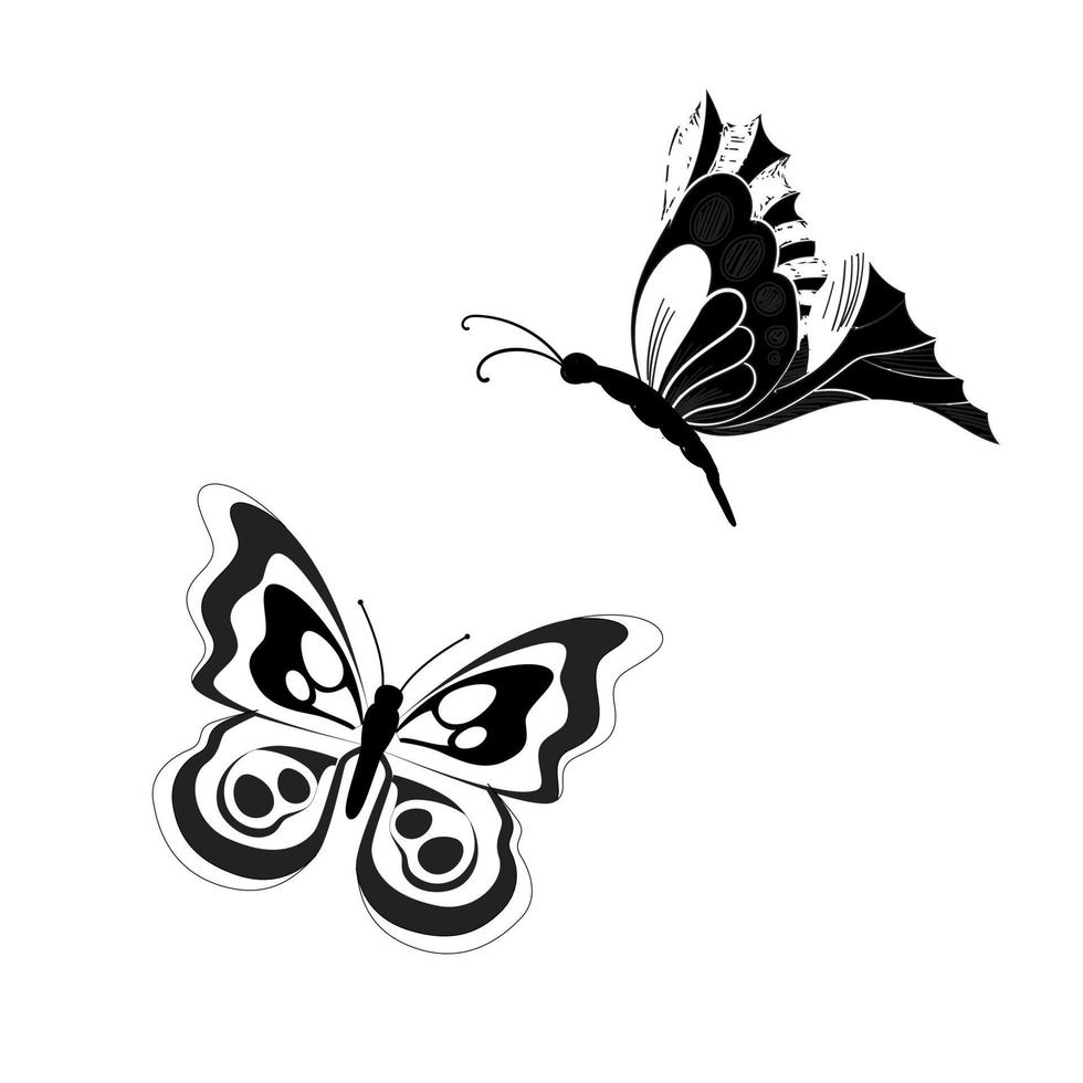 mariposa conjunto gráfico negro blanco aislado dibujo ilustración vector. patrón moderno sin costuras de contornos de mariposa monarca sobre fondo blanco para el diseño de decoración. elemento de diseño de primer plano. vector