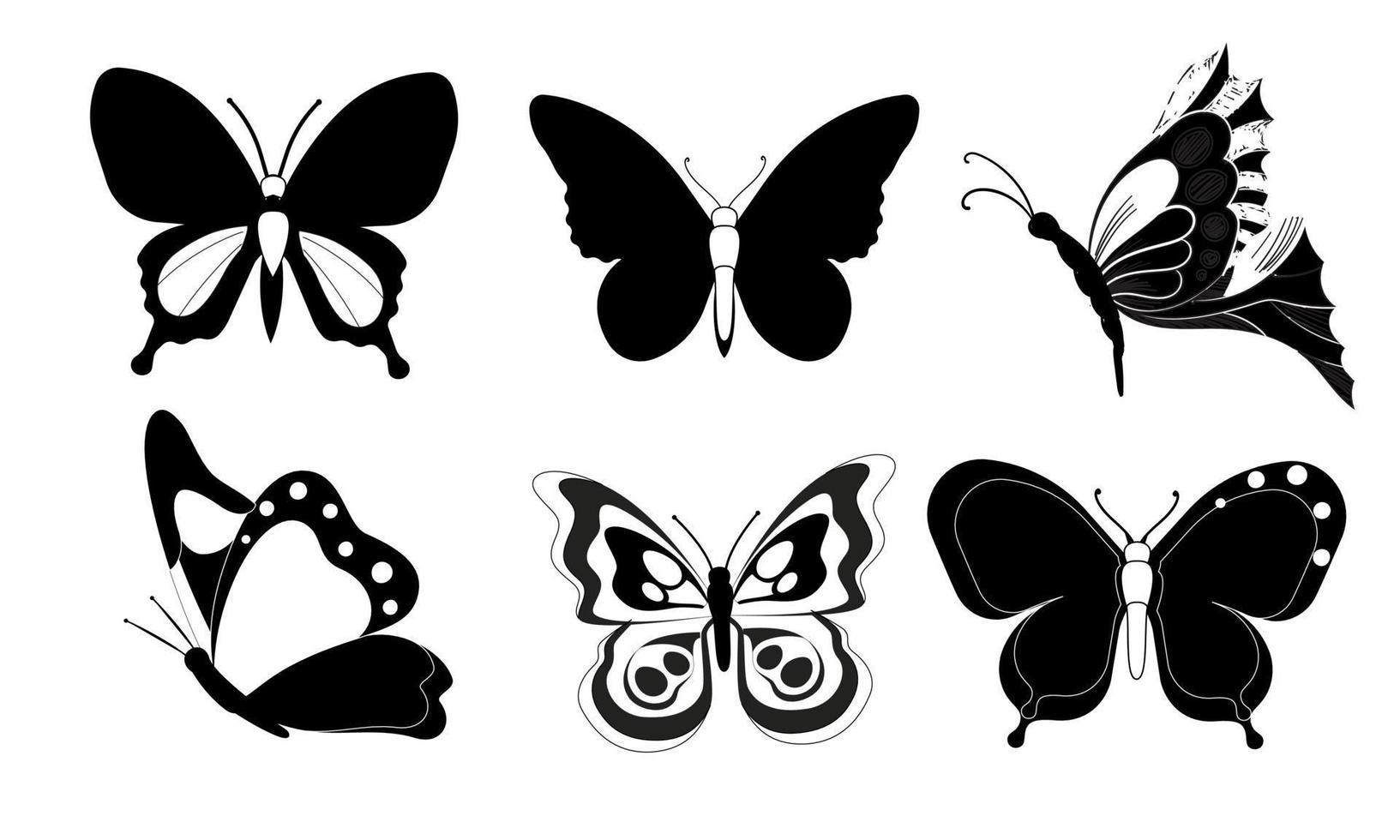 mariposa conjunto gráfico negro blanco aislado dibujo ilustración vector. patrón moderno sin costuras de contornos de mariposa monarca sobre fondo blanco para el diseño de decoración. elemento de diseño de primer plano. vector