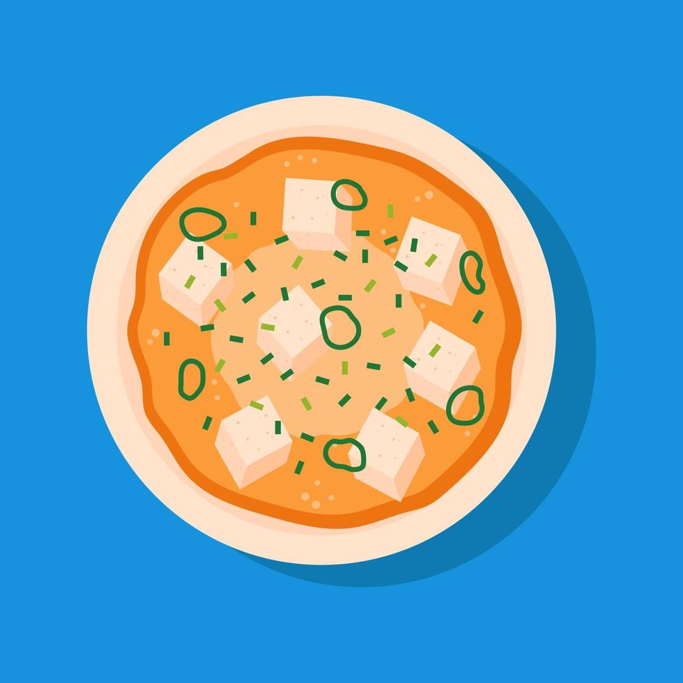 Miso soup with tofu and green onions. Traditional Japanese soup on blue background. vector
