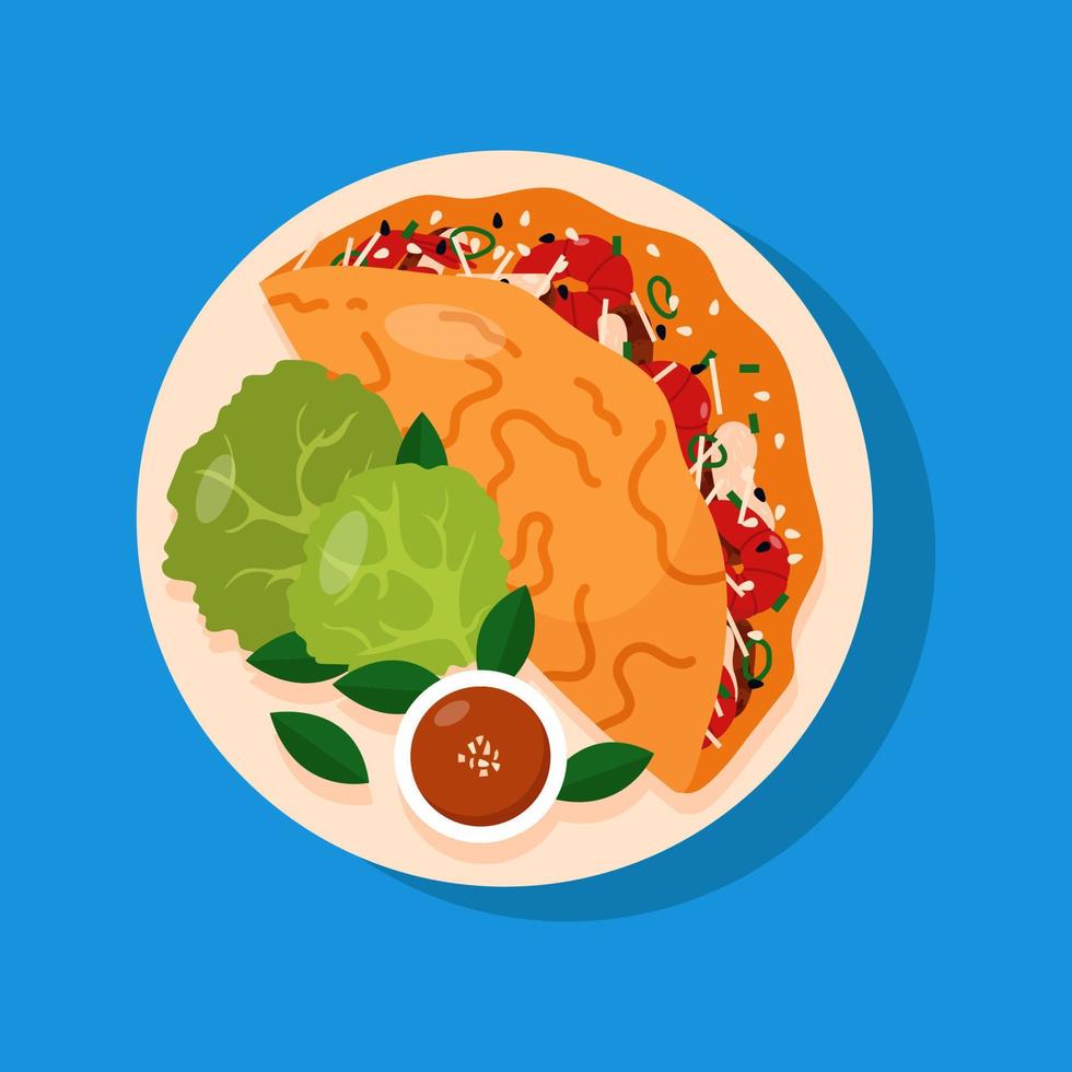 panqueque de arroz relleno vietnamita. banh xeo aislado sobre fondo azul. vector