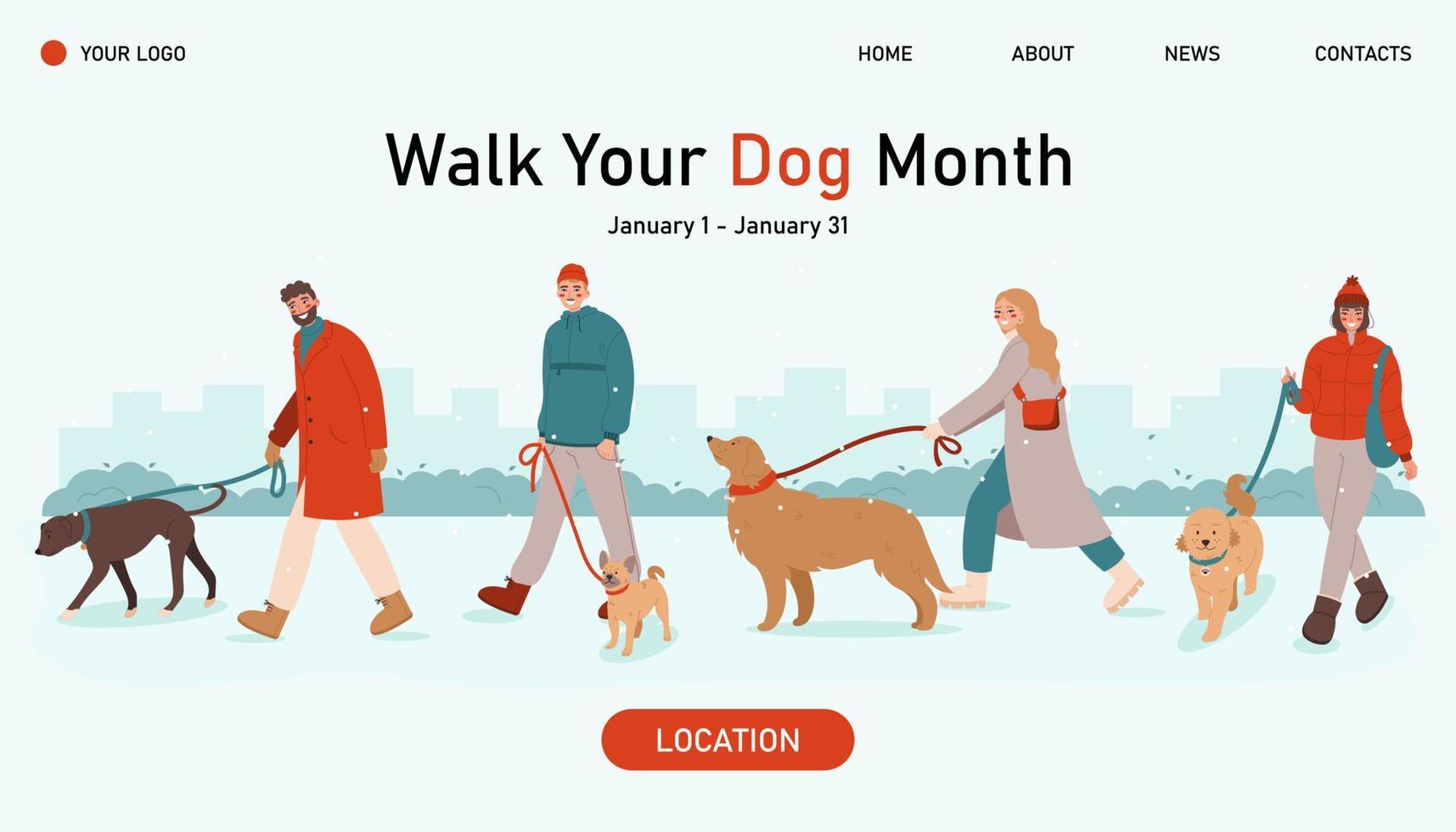 Young people walking with their dogs. Pet owners strolling with their dogs on leash. Walk Your Dog Month web banner. vector