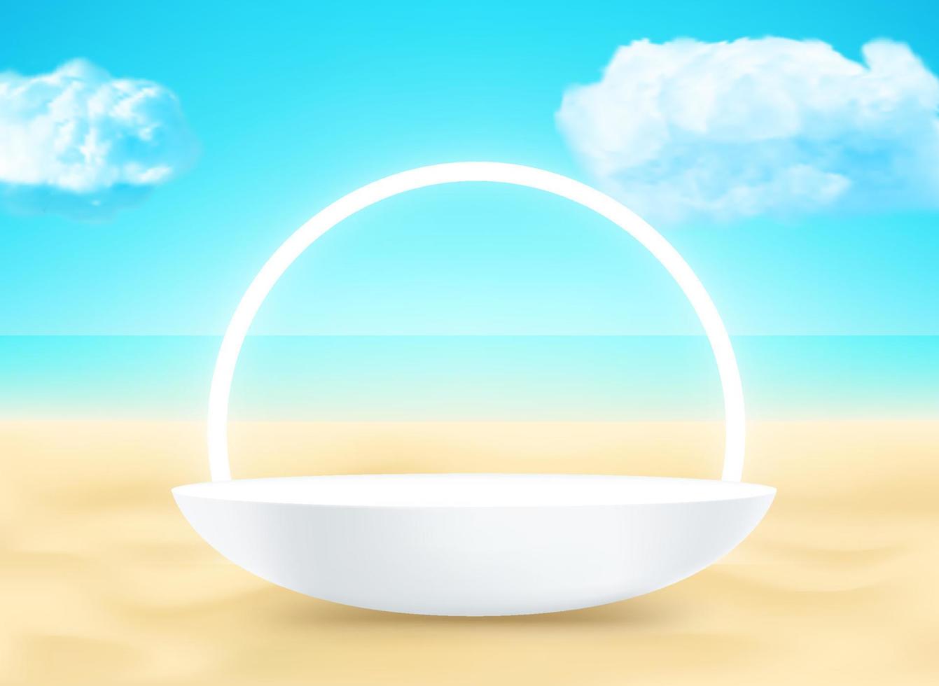 Landscape with neon stage on a sand. 3d vector mockup with shadow overlay effect