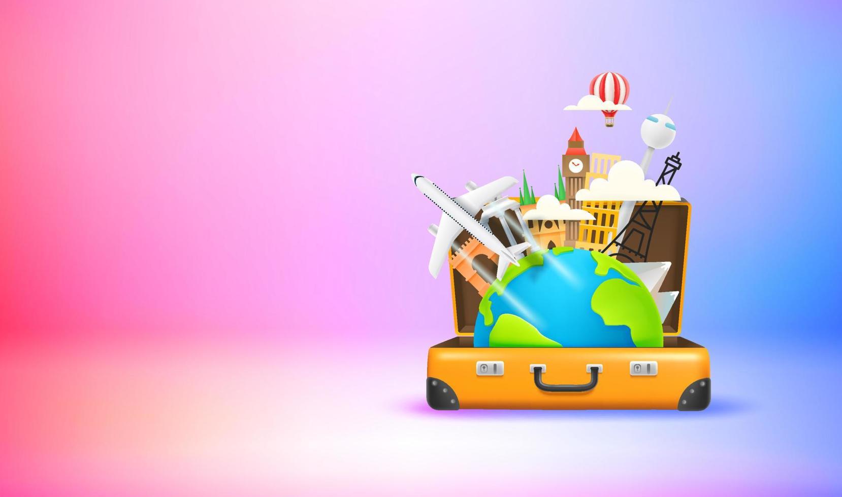 Season travel concept with suitcase and famous world sights. Vector 3d banner with copy space