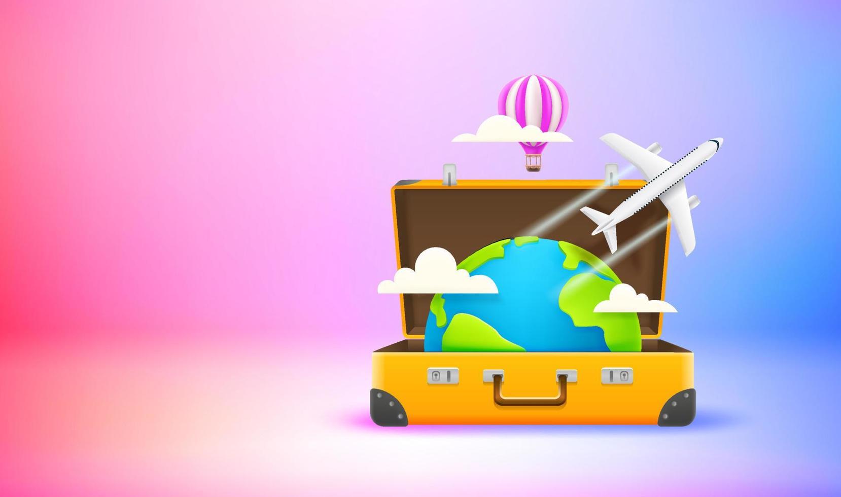 Season travel concept with suitcase. Vector 3d banner with copy space