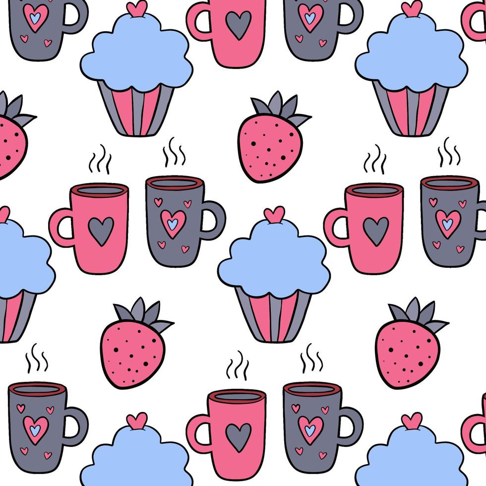 Pattern love with cup tea, strawberry and cupcake. Color print. Icons vector illustrations.