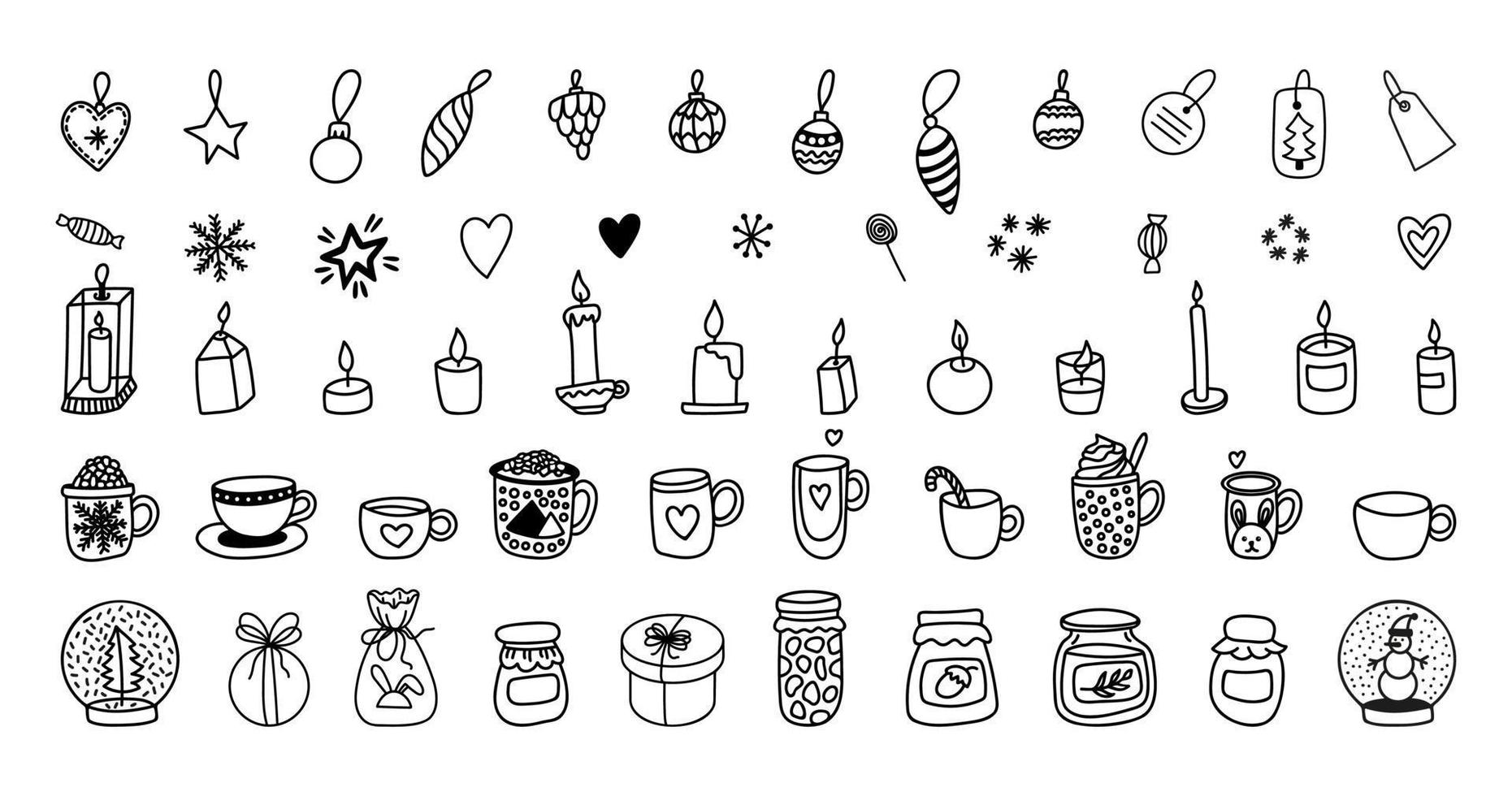Christmas clipart set with cups, candles, tree toys, jars, snowball. Hand drawn doodle vector
