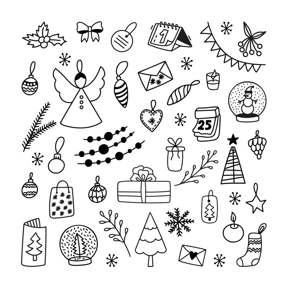 gran conjunto de imágenes prediseñadas de año nuevo y navidad. Ilustraciones de hand draw doodle vector