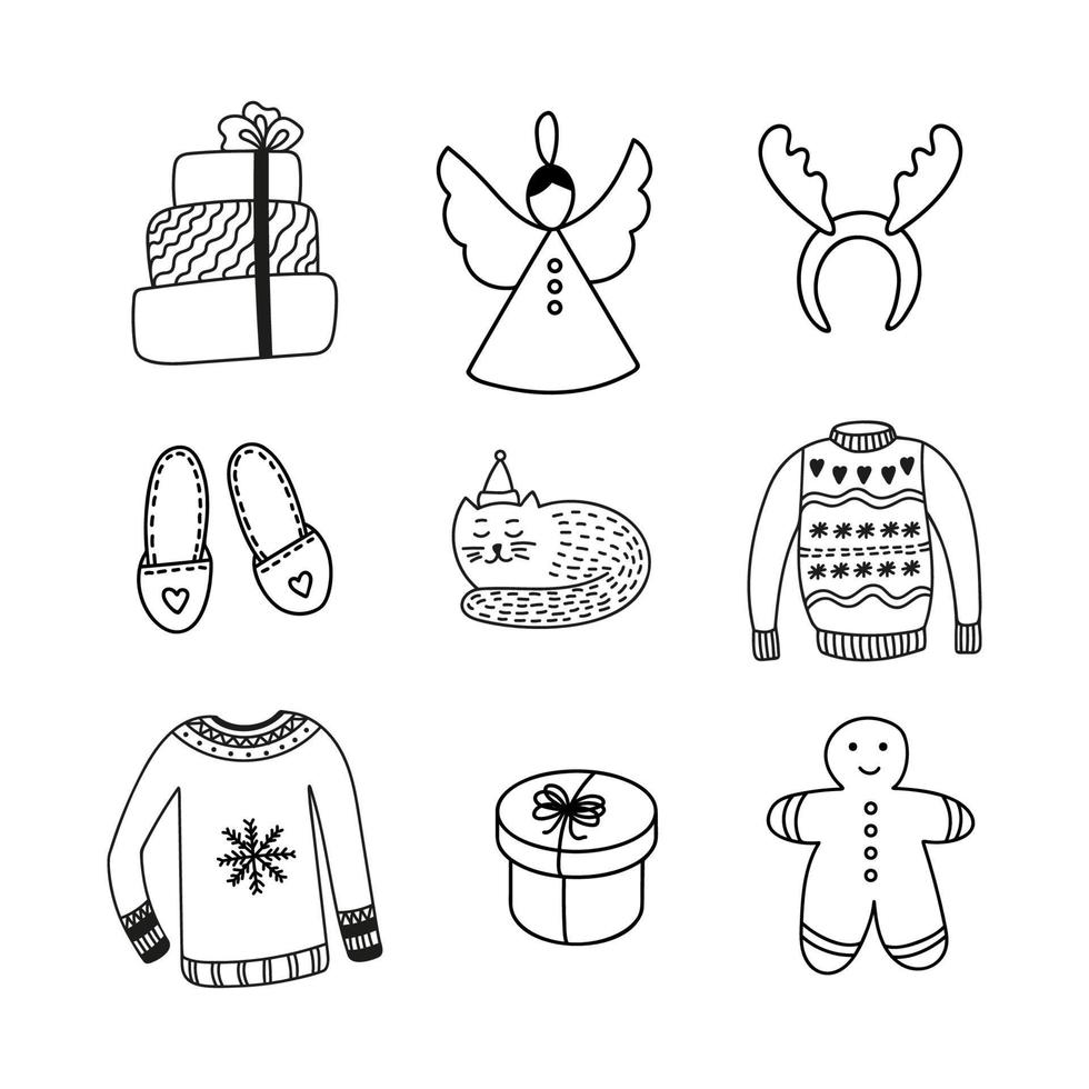 Cozy home Christmas clipart set. Cat, antlers, slippers, gift, sweater, angel. Hand drawn doodle vector