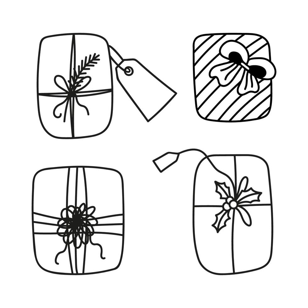 Merry Christmas set of cliparts with a gift box and packages. Hand drawn vector doodles