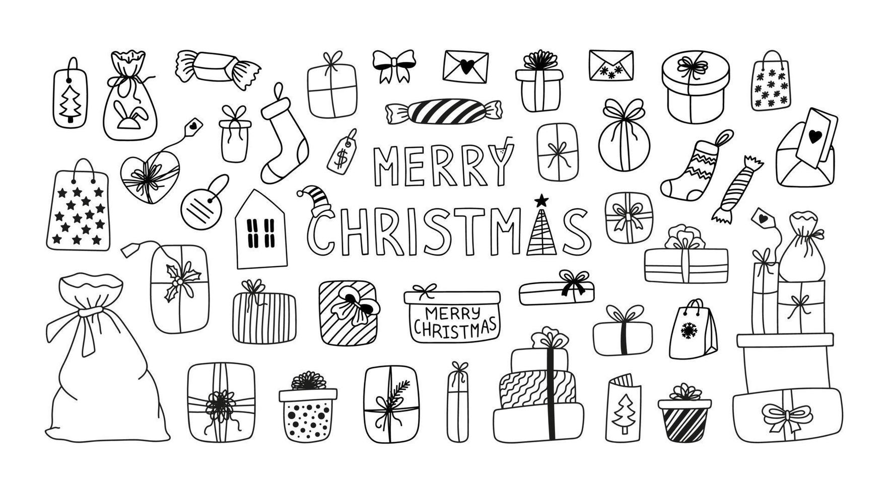feliz navidad conjunto de imágenes prediseñadas con una caja de regalo y paquetes. garabatos vectoriales dibujados a mano vector