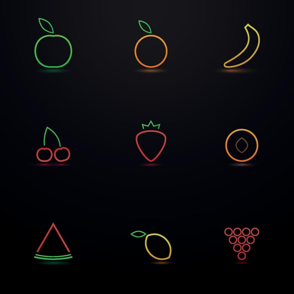 conjunto de iconos de colores con brillo en un tema frutas vector