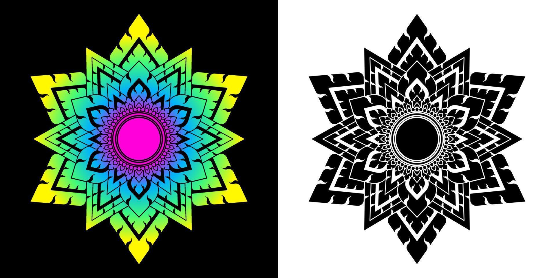 Mandala pattern in applied thai art style. Geometric shapes, hexagram and circles. Set of white, black and gradient colors. Design texture elements for card, cover, poster, wall. Vector illustration.