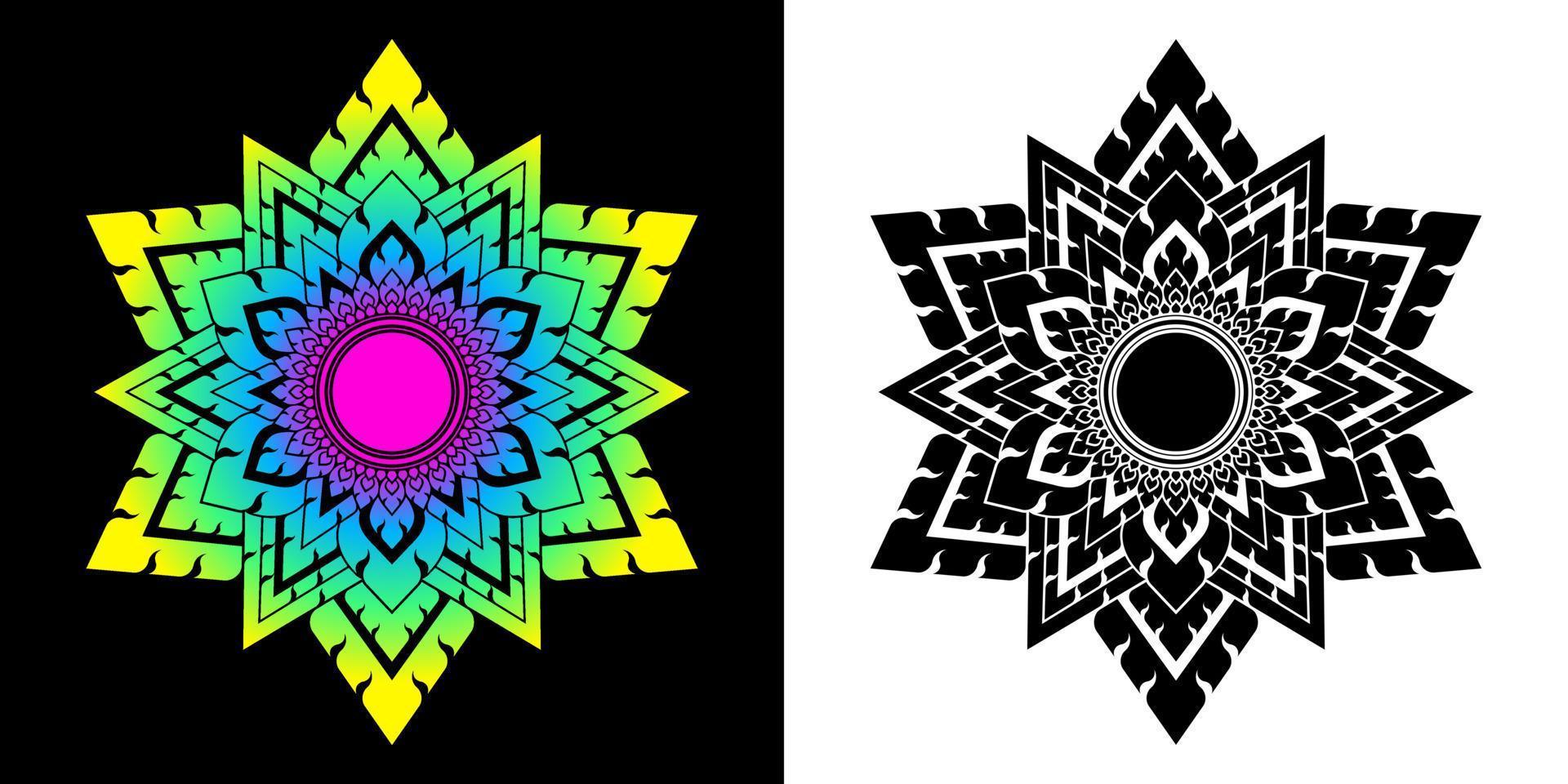 patrón de mandala en estilo de arte tailandés aplicado. formas geométricas, hexagrama y círculos. conjunto de colores blanco, negro y degradado. elementos de textura de diseño para tarjeta, portada, póster, pared. ilustración vectorial vector