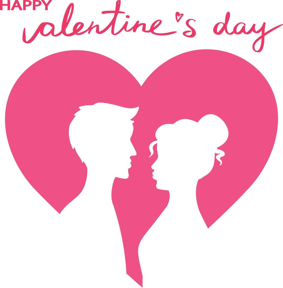 Happy Valentines Day love card. Isolated heart shape with silhouettes of man and woman. Handwriting. Love theme. Romantic. Hand drawn art vector