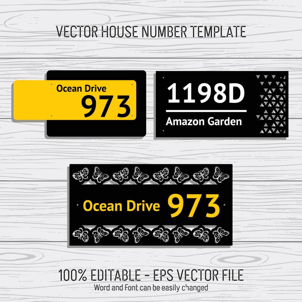 Laser cutting template files for house numbers, housing numbers, room numbers, villas, pavilions, apartments, and street names vector