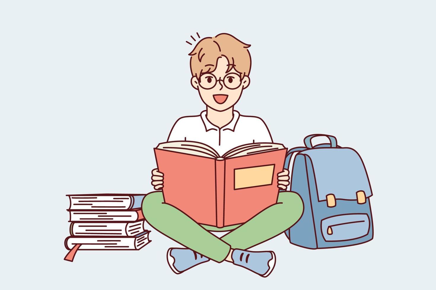 Positive schoolboy sits cross-legged on floor near backpack and stacks of textbooks getting ready for lessons. Delighted boy in glasses looks at camera while reading literature. Flat vector design