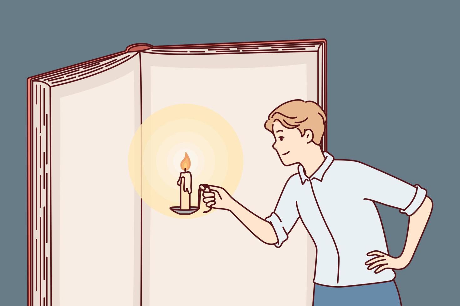 el hombre inquisitivo con velas en las manos ilumina las páginas de un libro gigante en un esfuerzo por adquirir conocimientos. guy se encuentra cerca de un gran libro de texto abierto que estudia información para capacitación avanzada. ilustración vectorial plana vector