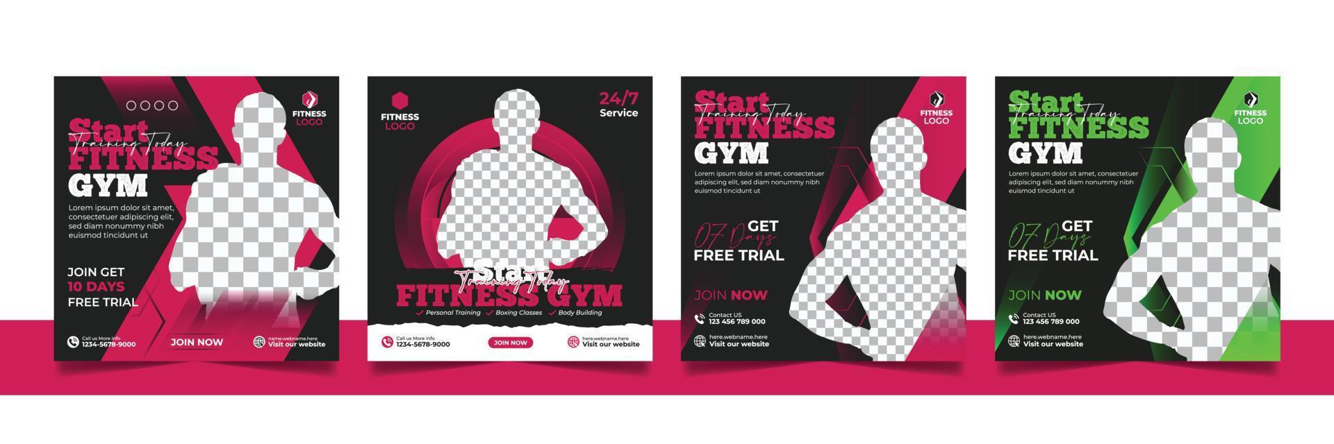 Gym fitness social media post banner workout exercise promotional square template design set. vector