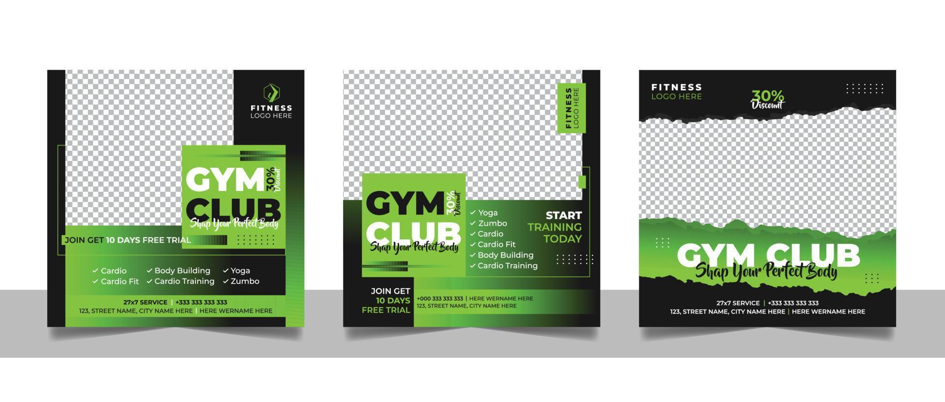 Gym fitness social media post banner workout exercise promotional square template design set. vector