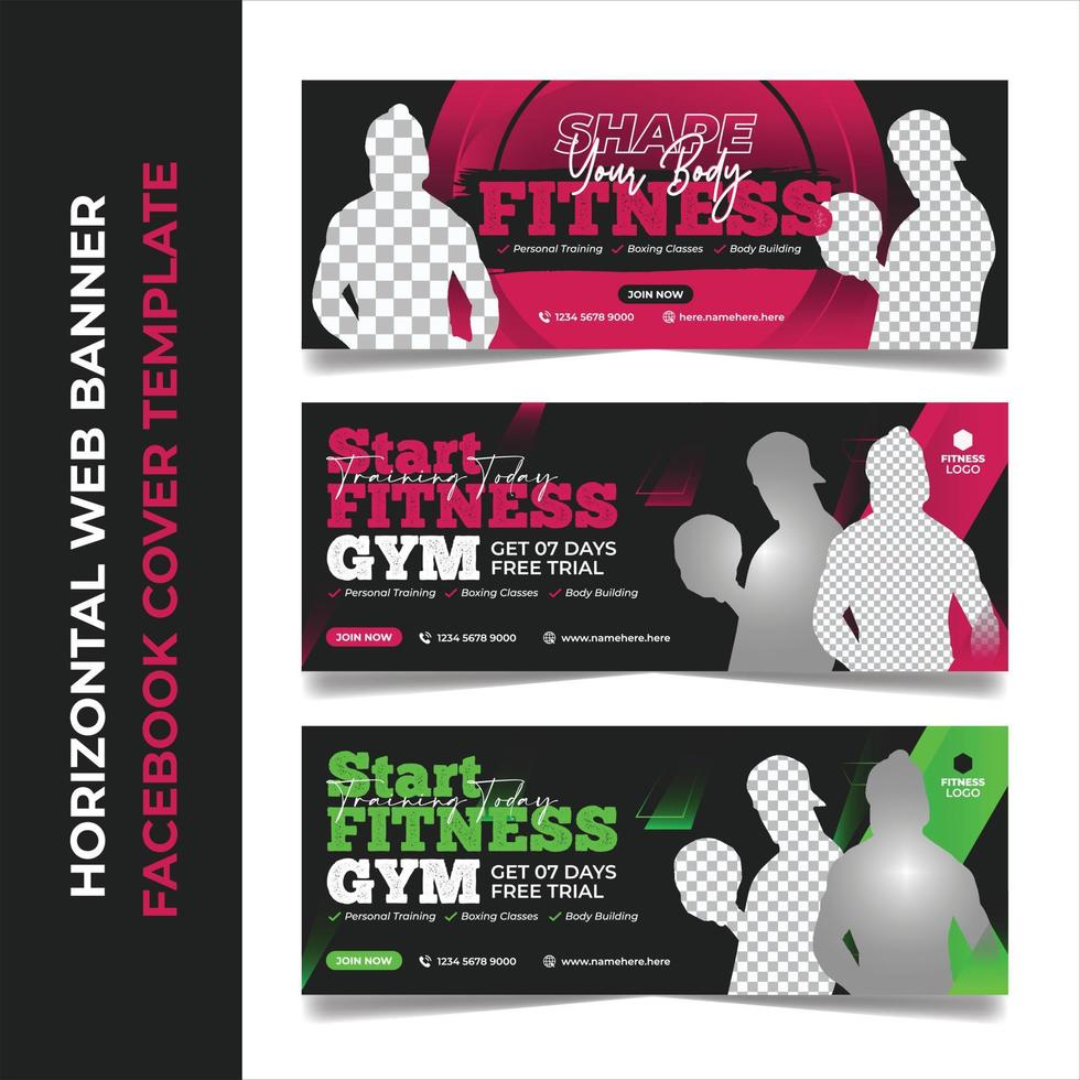 Gym fitness social media promotional horizontal web banner workout exercise cover page design template. vector