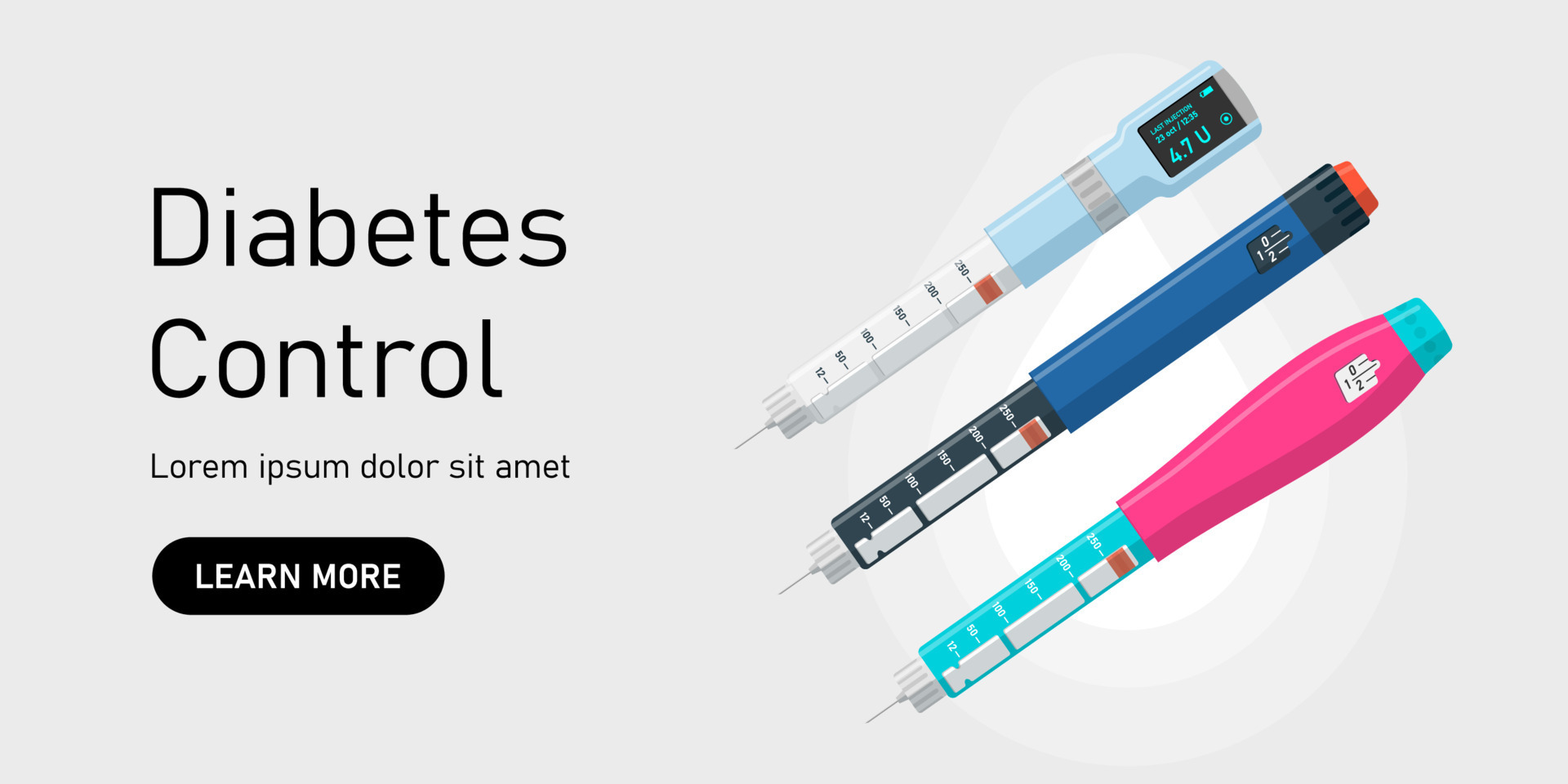Insulin injection pen set on website banner. Hormone syringes poster