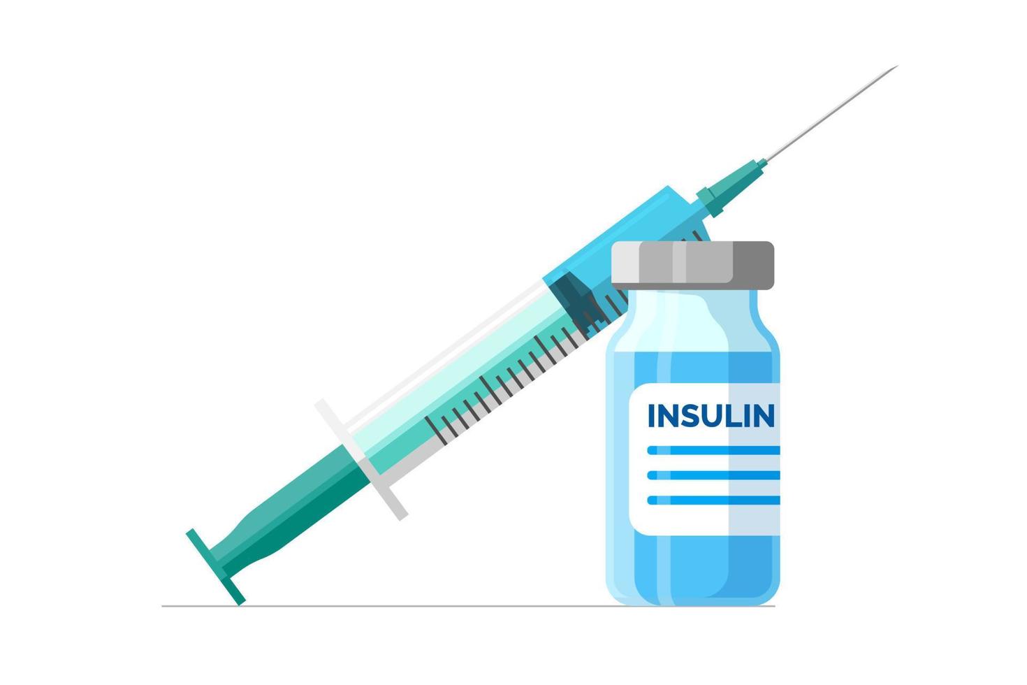 Insulin ampoule with injection syringe. Diabetes control concept. Medical shot for diabetic patients. Medicine bottle for people with high blood sugar. Vector isolated eps illustration