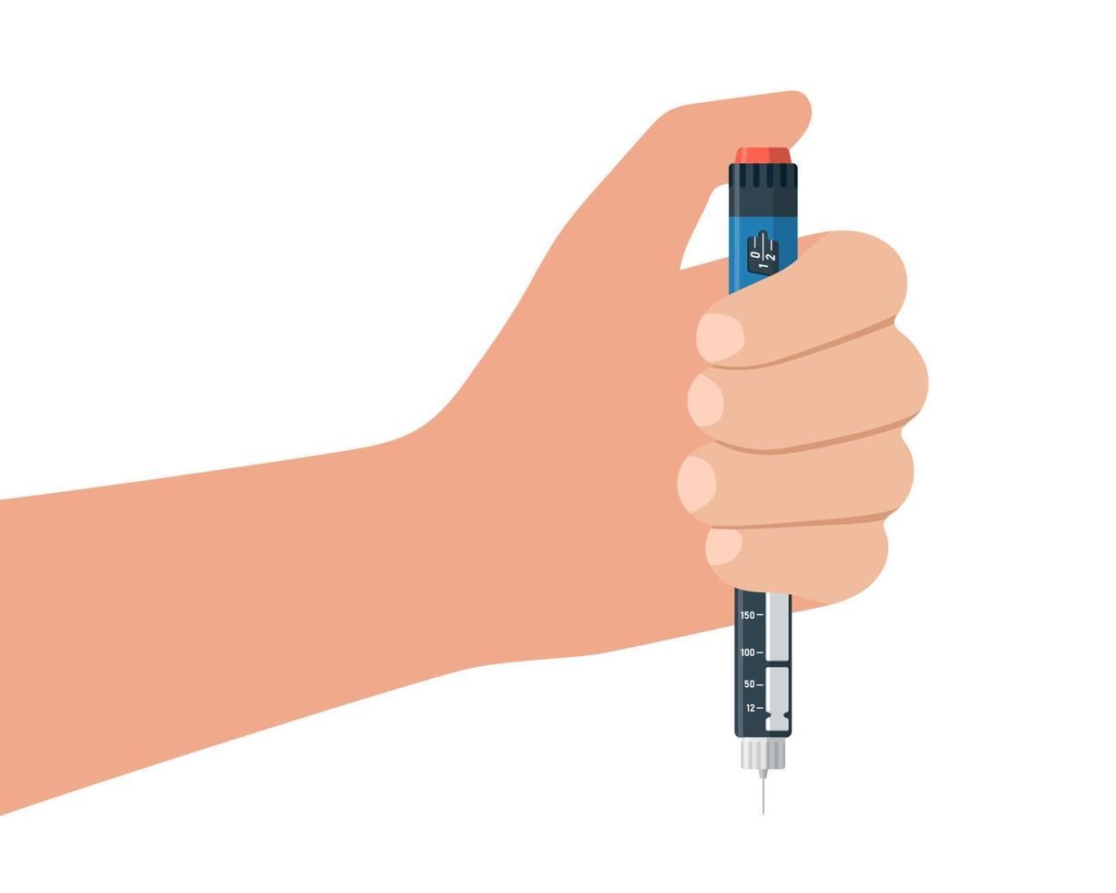 Diabetic patient hand hold insulin injection pen. Hormone ampoule inside syringe. Diabetes control injector. Medical device for diabet. Medicine shot for high blood glucose people. Vector illustration