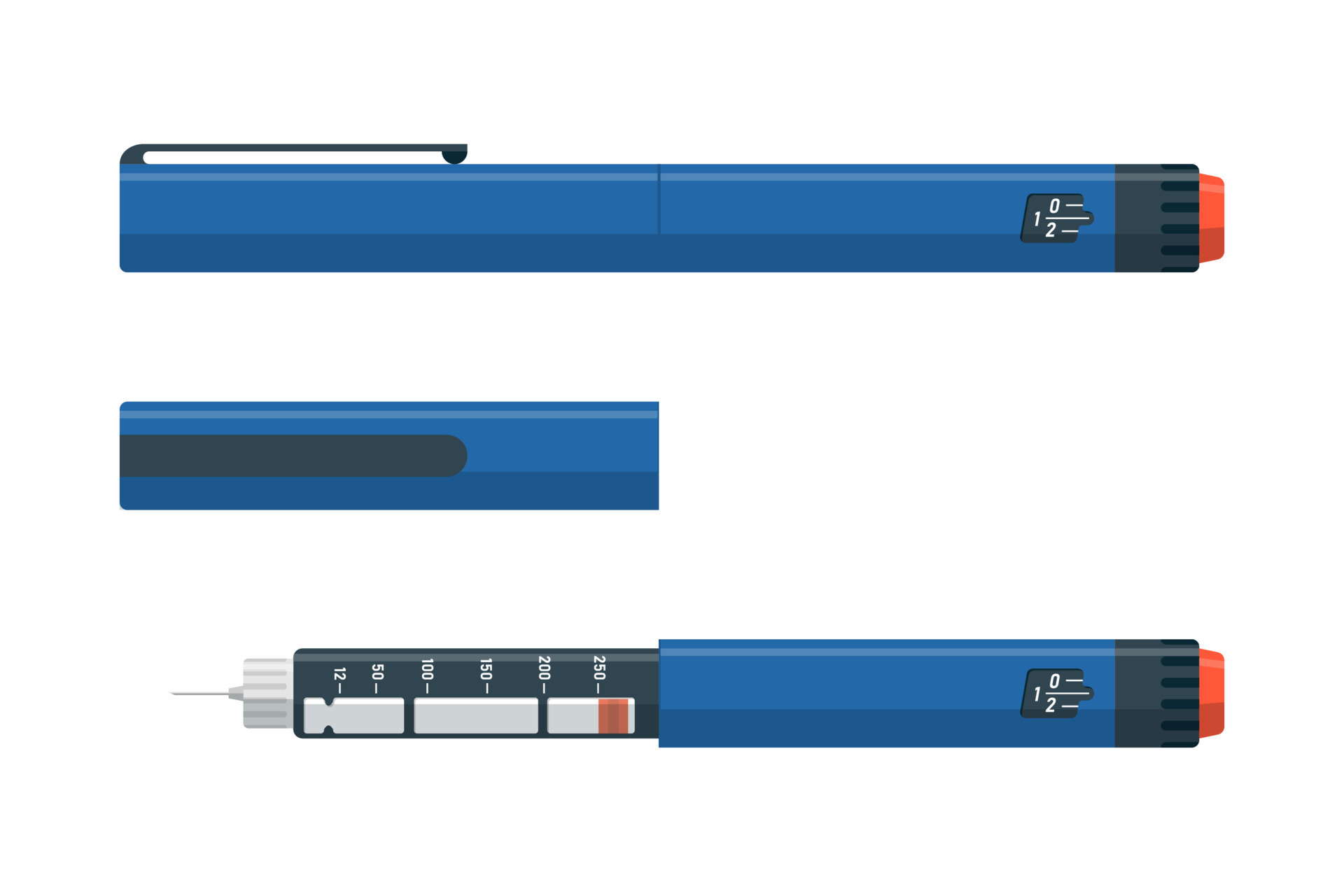 Insulin injection pen set open and closed. Hormone ampoule inside