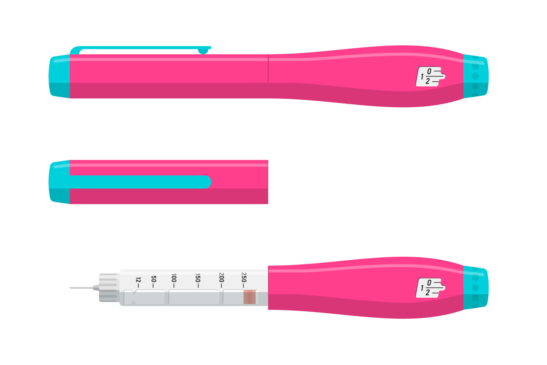 Insulin injection pen set open and closed. Hormone ampoule inside pink
