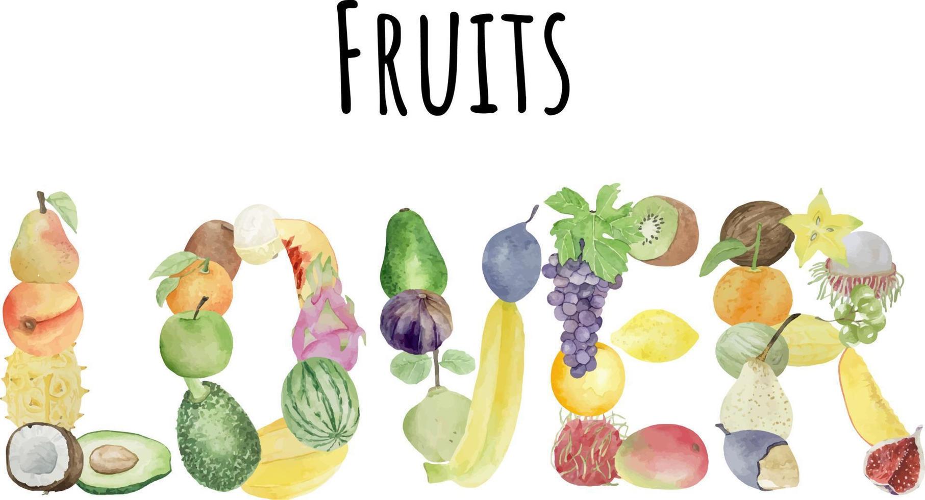 Watercolor background with lettering fruits on white background, flat layout. Concept of healthy eating, food background. Frame of fruits vector