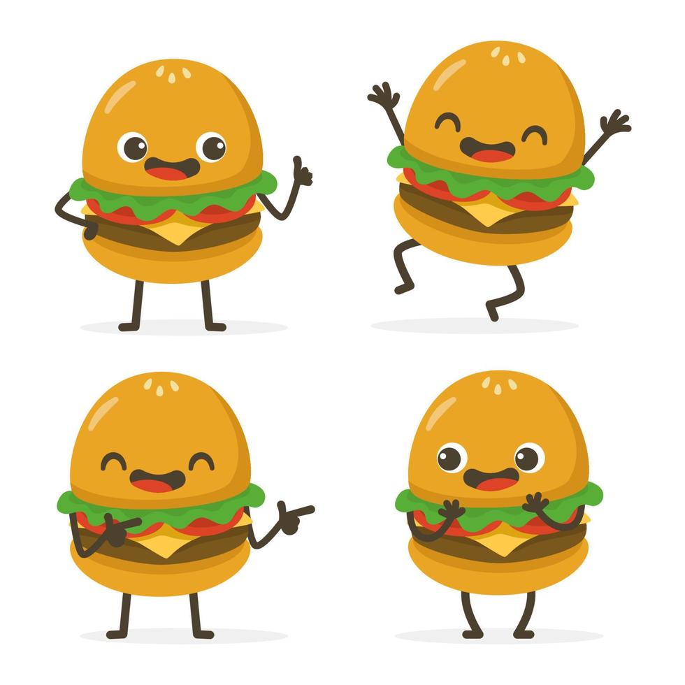 Set of Cute Hamburger Cartoon Food Characters isolated on white. vector