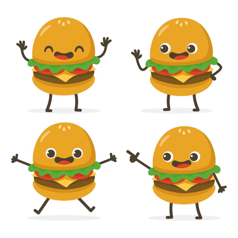 Set of Cute Hamburger Cartoon Food Characters isolated on white. vector