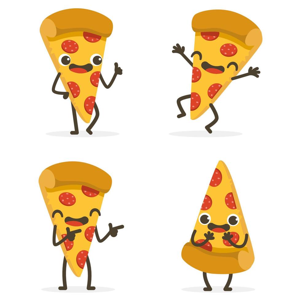 conjunto de lindos personajes de comida de dibujos animados de pizza aislados en blanco. vector