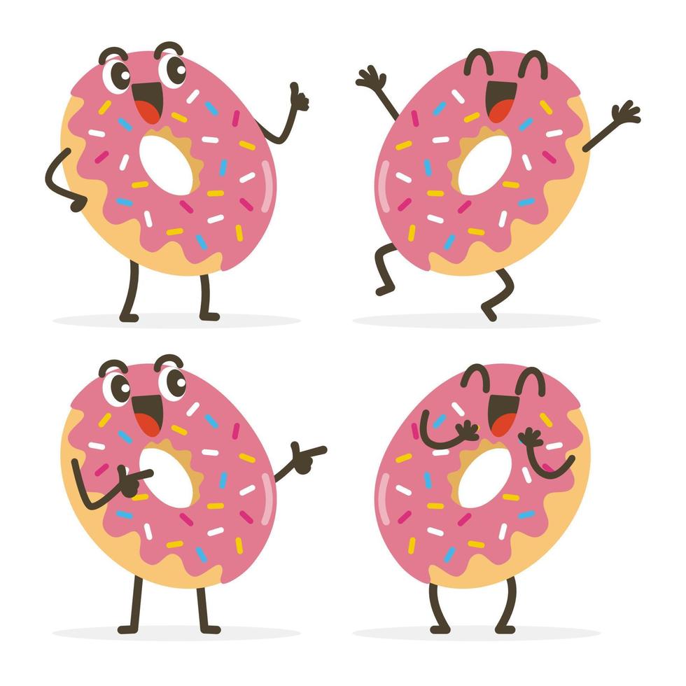 conjunto de lindos personajes de comida de dibujos animados de donas aislados en blanco. vector