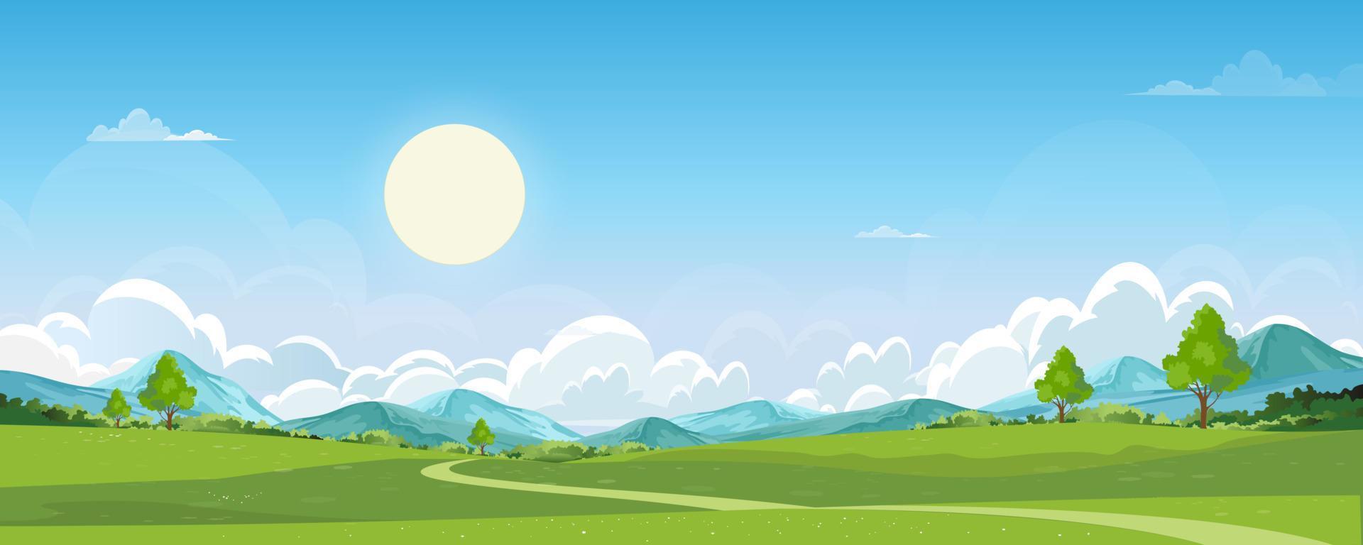 paisaje rural de primavera natural, campo verde con nubes y cielo azul, campo natural panorámico de horizonte vectorial con árboles forestales y montañas en los días soleados, vector de dibujos animados para la primavera, pancarta de verano