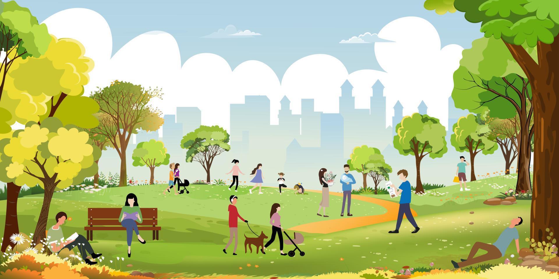 Morning city park with family having fun in the park,boys walking the dog,man talking on phone, women sitting on bench, two guys reading a book under tree,City lifestyle of people in Summer time vector