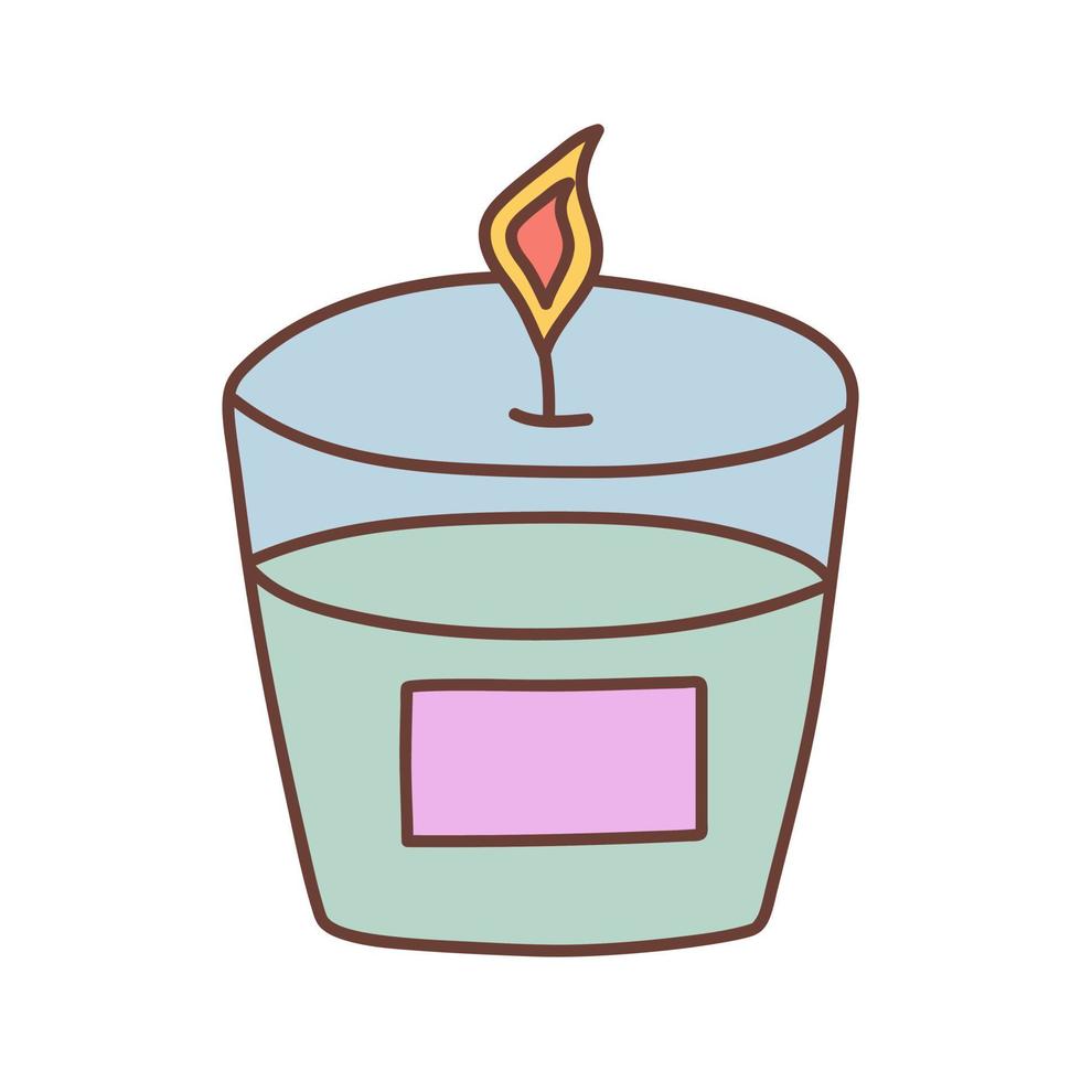 Aroma candle in a glass candlestick with label in doodle style. Birthday, celebration, holiday, party, hygge, aromatherapy concept. vector