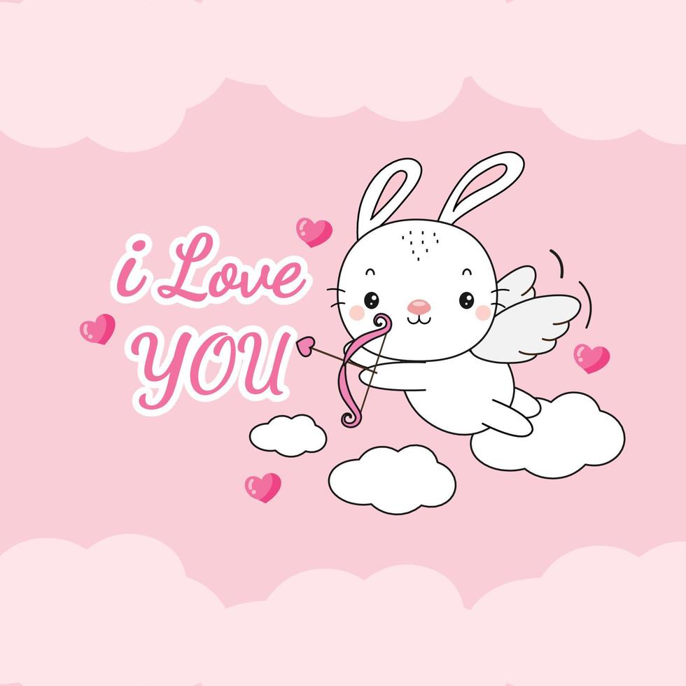 Flying bunnny cupid with bow and arrow. Vector illustration