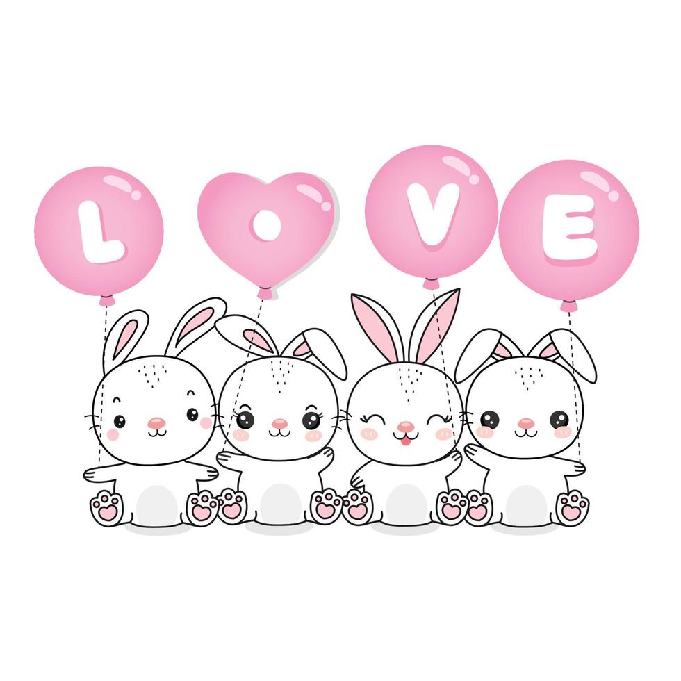 Cute bunny with pink heart balloon for Valentine day. vector