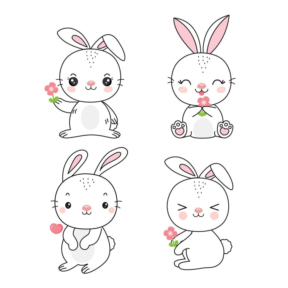 lindo conejito de dibujos animados con flores en diferentes poses. vector