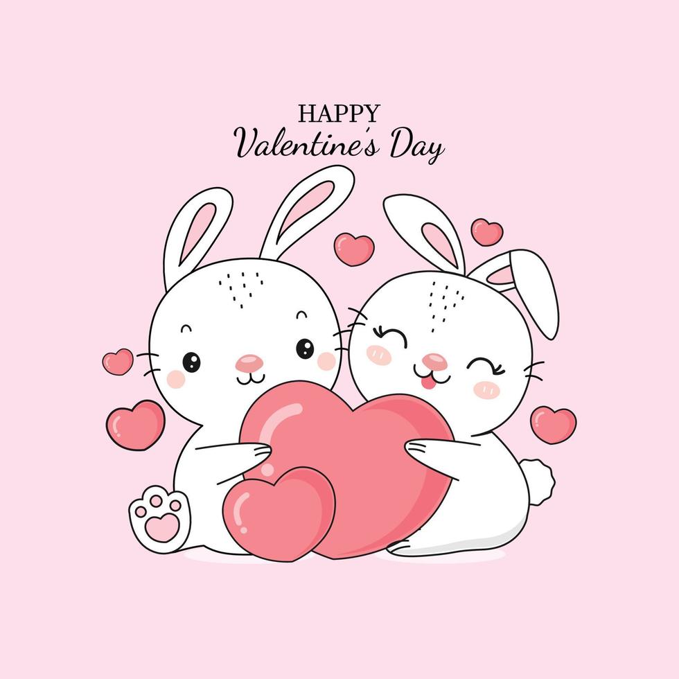 Linda pareja conejo sosteniendo un gran corazón. diseño de personajes de dibujos animados para el día de san valentín. vector