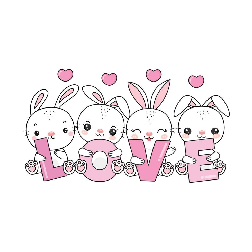 Cute rabbits with LOVE letters. Valentine greeting card. vector