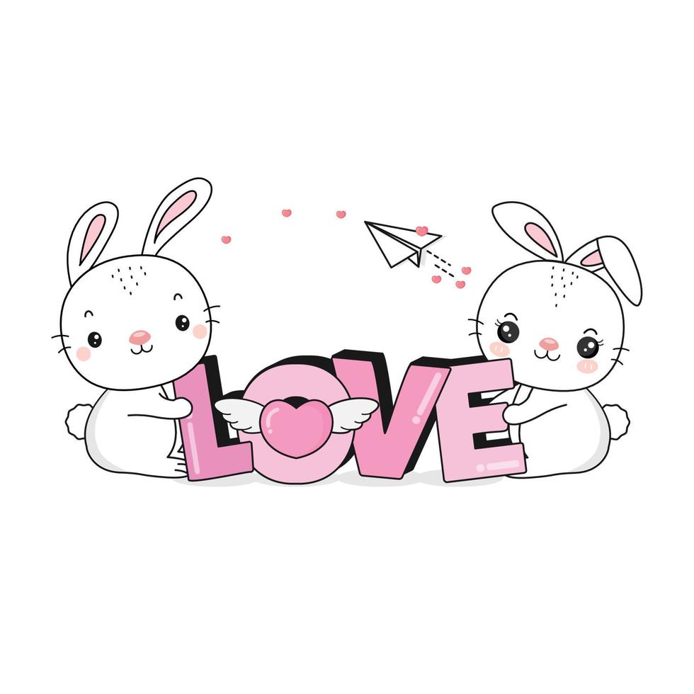 Cute rabbit  holding a big love text. Cartoon character design for Valentine's Day. vector